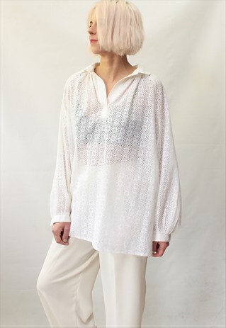 VINTAGE 70' BEAUTIFUL OVERSIZE TRANSPARENT WHITE BLOUSE