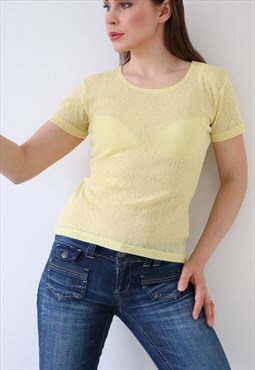 90s Vintage T-shirt Sheer Lace Top Pastel Yellow Cottagecore