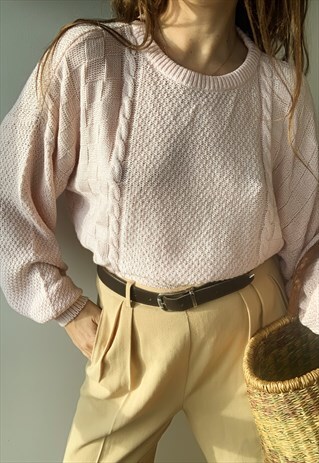 VINTAGE 80S PASTEL PINK COTTON BLEND KNITTED JUMPER SWEATER