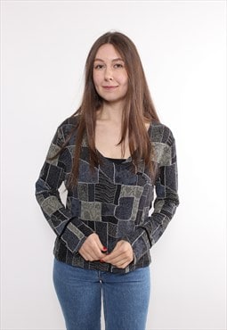 90s patchwork print blouse, vintage abstract pullover 