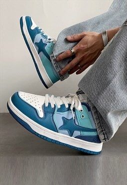 Faux leather sneakers star patch shoes in blue