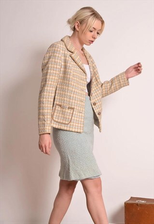 VINTAGE 60S PENCIL SKIRT TEXTURED WOOL BLUE