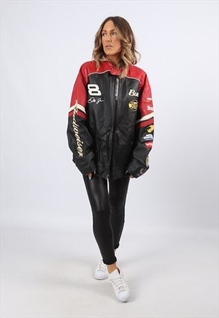 LEATHER BUDWEISER RACING BOMBER JACKET UK 18 (H3K)