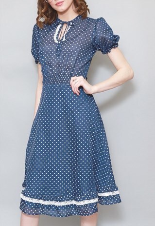 VINTAGE 1970'S NAVY BLUE & WHITE POLKA DOT FOLK MIDI DRESS