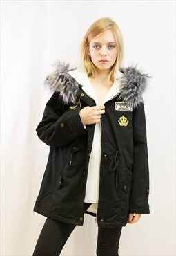 Parka Coat with Faux Fur Trim Hood and Patches in Black