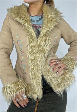 Vintage 90s Coat Afghan Jacket Faux Fur Trim Penny Lane Y2k