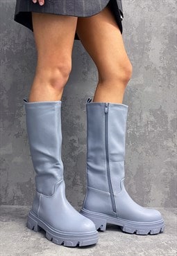 Blue Chunky Sole Side Zip Wellie Boots
