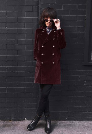 MENS RICHMOND VELVET BURGUNDY MILITARY PEA COAT