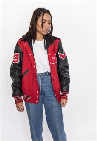 VINTAGE 90S BLACK AND RED AMERICAN VARSITY JACKET