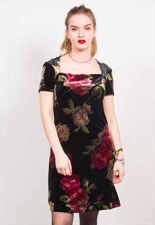 VINTAGE 90'S BLACK ROSE PRINT VELVET DRESS