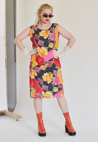 VINTAGE 90S GRUNGE SLEEVELESS KITSCH PATTERN MIDI DRESS L