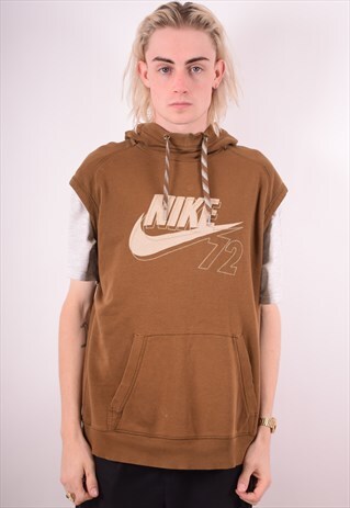 NIKE MENS VINTAGE HOODIE JUMPER SLEEVELESS LARGE BROWN 90S