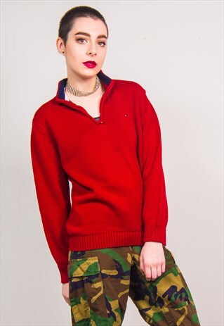TOMMY HILFIGER VINTAGE 90'S RED QUARTER ZIP KNIT JUMPER