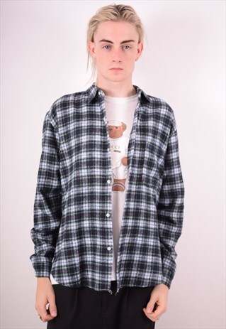MENS VINTAGE FLANNEL SHIRT LARGE GREEN CHECK 90S