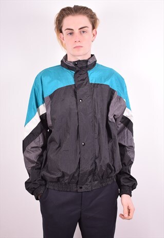MENS VINTAGE TRACKSUIT TOP JACKET LARGE BLACK 90S