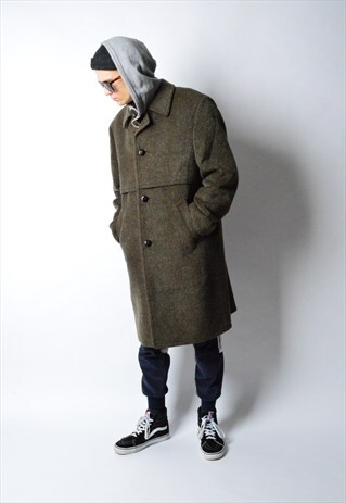 VINTAGE 80S KHAKI MOHAIR WOOL WINTER COAT