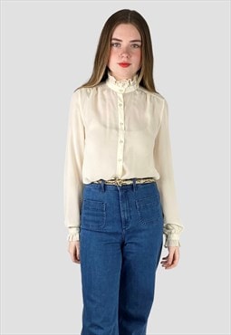 70's Vintage Long Sleeve Cream Sheer Blouse Pussy Bow