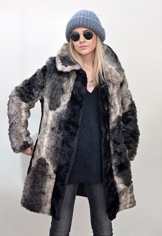 PREMIUM VINTAGE UNUSUAL BOHO ANIMAL PRINT FAUX FUR COAT
