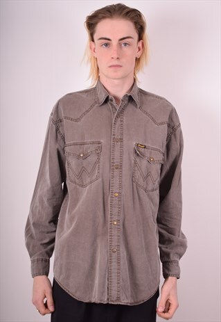 WRANGLER MENS VINTAGE DENIM SHIRT MEDIUM BROWN 90S