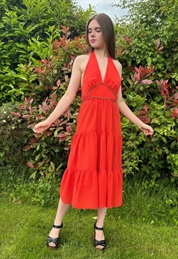 DL Barron 70's Vintage Red Cheesecloth Halter Midi Dress