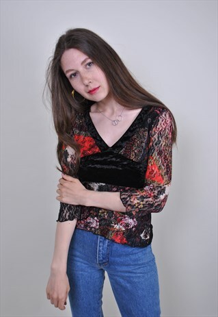 FLOWERS PRINT BLOUSE VINTAGE WOMENS WMNS RETRO FLORA
