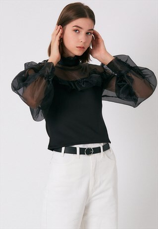 NECK AND SLEEVE TULLE BLOUSE BLACK