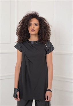 Elongated viscose tee with faux leather sleeves  