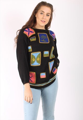 VINTAGE 80S LONG JUMPER WITH BRIGHT PATCHWORK PATTERN