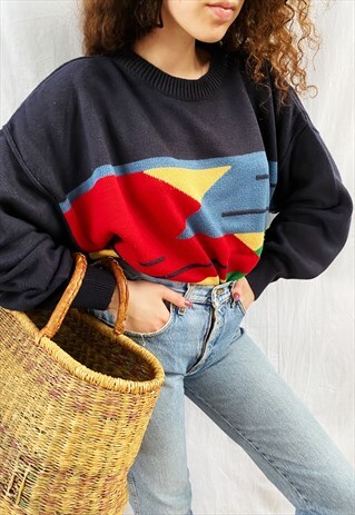 VINTAGE 80S ABSTRACT PATTERN KNIT UNISEX JUMPER SWEATER