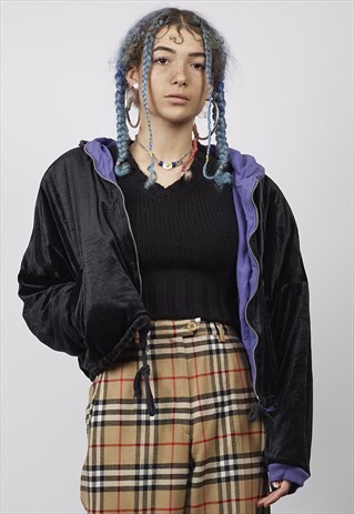 VINTAGE 80'S REVERSIBLE HOODED VELVET BLACK/PURPLE JACKET