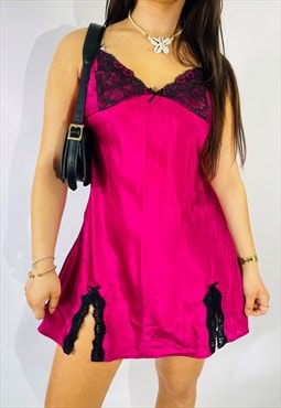 Vintage Size S Satin Lace Mini Slip Dress in Pink