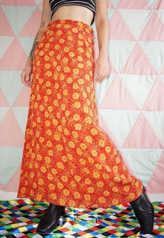 VINTAGE 90S ORANGE VISCOSE FLOATY FLORAL MAXI SKIRT.