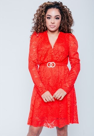RED PLUNGE LACE SKATER DRESS