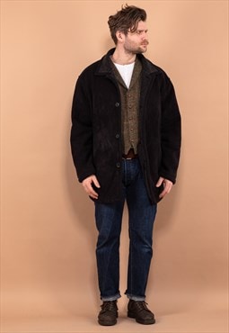 Vintage 90's Men Faux Sheepskin Coat in Black