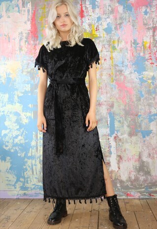 DRESS IN BLACK VELVET WITH SPLITS AND TASSELS