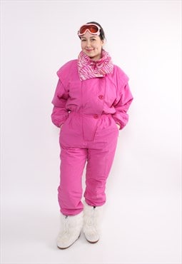 Vintage 90s one piece ski suit, retro pink women snowsuit