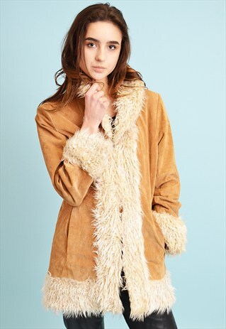 90'S FAUX FUR DETAILED & REAL SUEDE SHEARLING JACKET COAT