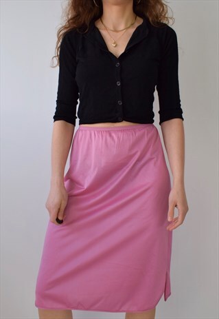VINTAGE SHELL PINK HIGH WAISTED MIDI SATIN SHIRT SLIP SKIRT