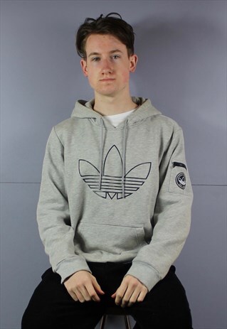 VINTAGE ADIDAS HOODIE IN GREY WITH POUCH POCKET AND EMBROIDE