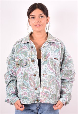 WOMENS VINTAGE DENIM JACKET LARGE MULTI FLORAL 90S