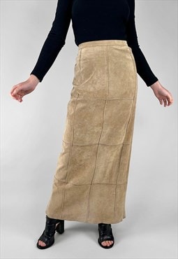 Vintage 80's Beige Patchwork Suede Pencil Maxi Skirt