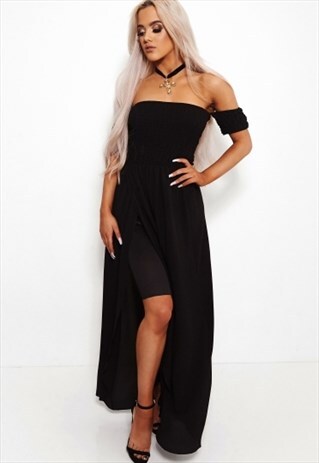 SISSI BLACK FRONT SPLIT BARDOT DRESS