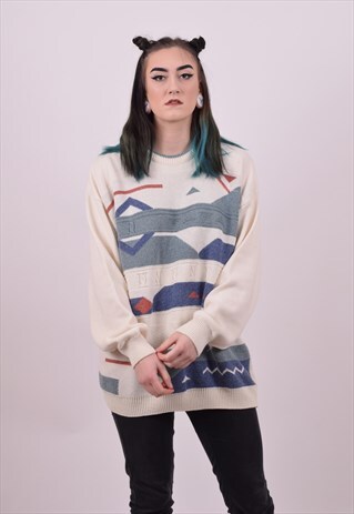 VINTAGE 80'S CREAM CRAZY PRINT FESTIVAL JUMPER SIZE XL