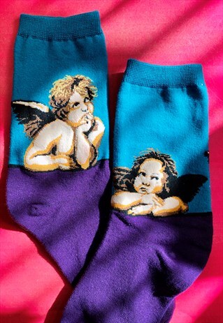 VINTAGE INSPIRED SOCKS W ANGEL CHERUB PRINT IN BLUE & PURPLE