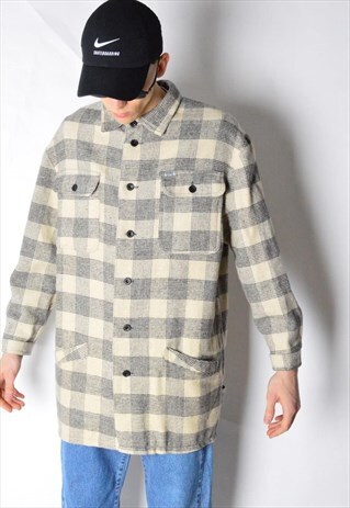 VINTAGE 80S BEIGE CHECK WOOL BLEND THICK SHIRT