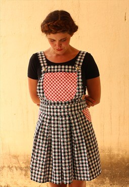 Sophie Black & White Gingham Pinafore Dress with Red Pockets