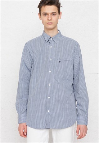 VINTAGE BLUE TIMBERLAND LONG SLEEVE CHECKERED COTTON SHIRT