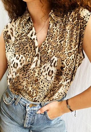 VINTAGE 80S ANIMAL LEOPARD PRINT HAUTE BOHEME BLOUSE TOP