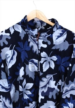 Vintage Abstract Fleece Navy With Leaf Patterns Zip Up 