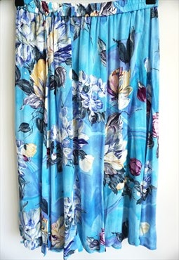 Vintage Plated Skirts Midi Blue  High waist Floral Flowers